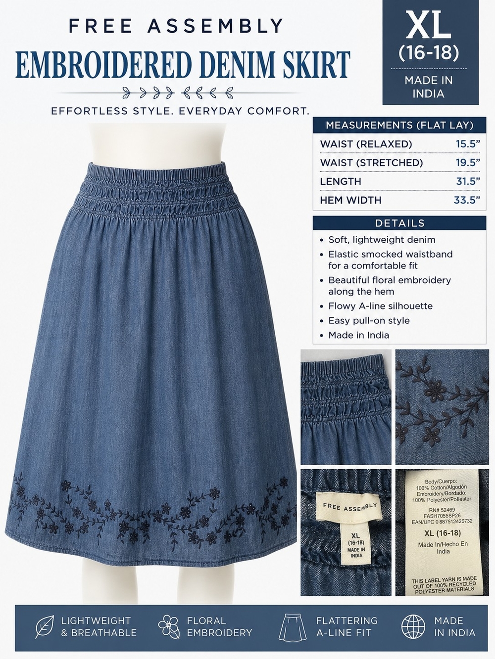 FREE ASSEMBLY XL (16–18) Embroidered Denim Skirt 🌸